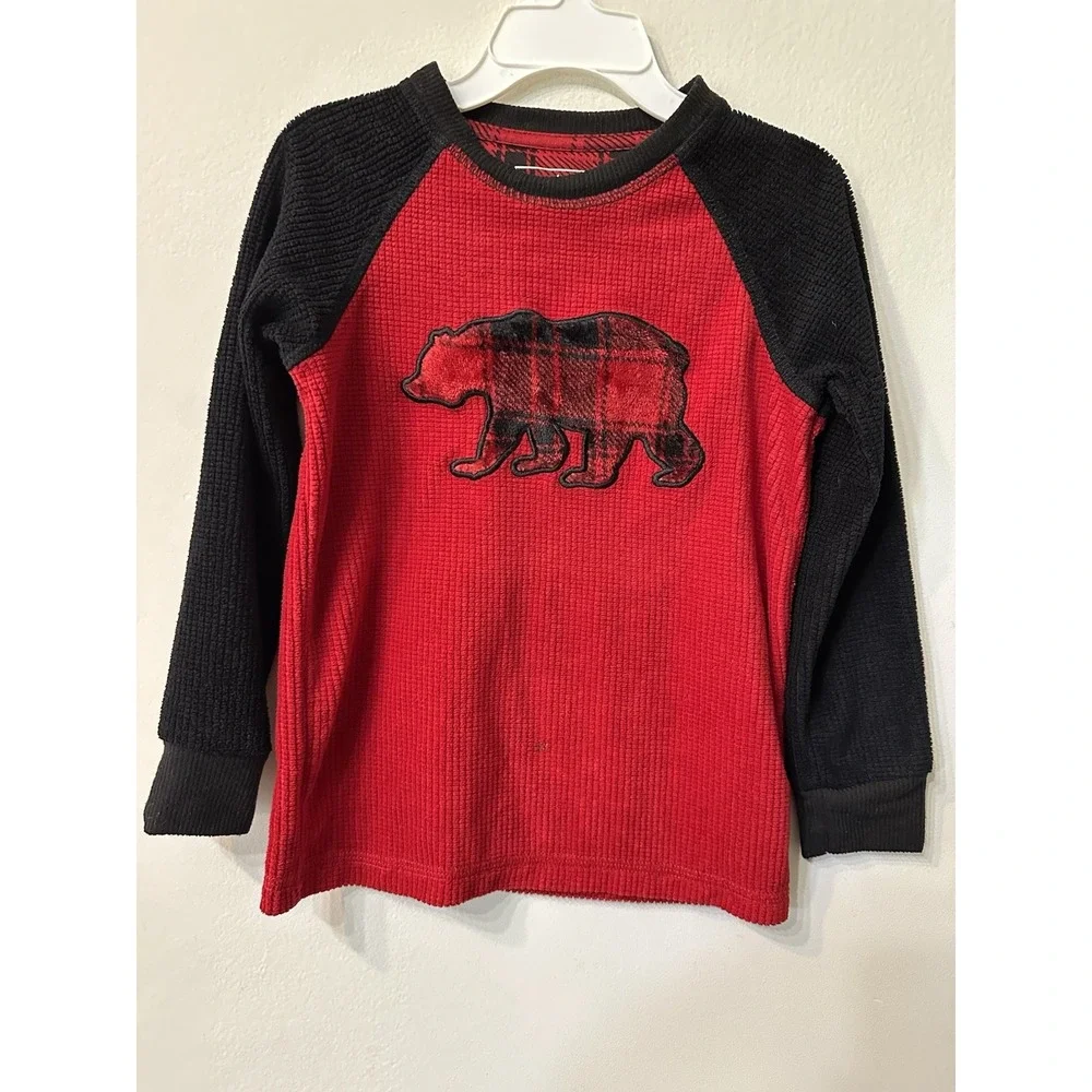 Eddie Bauer Kids Sleep Shirt Sz XXS 3/4 Red Black Thermal Waffle Bear Pajama Top